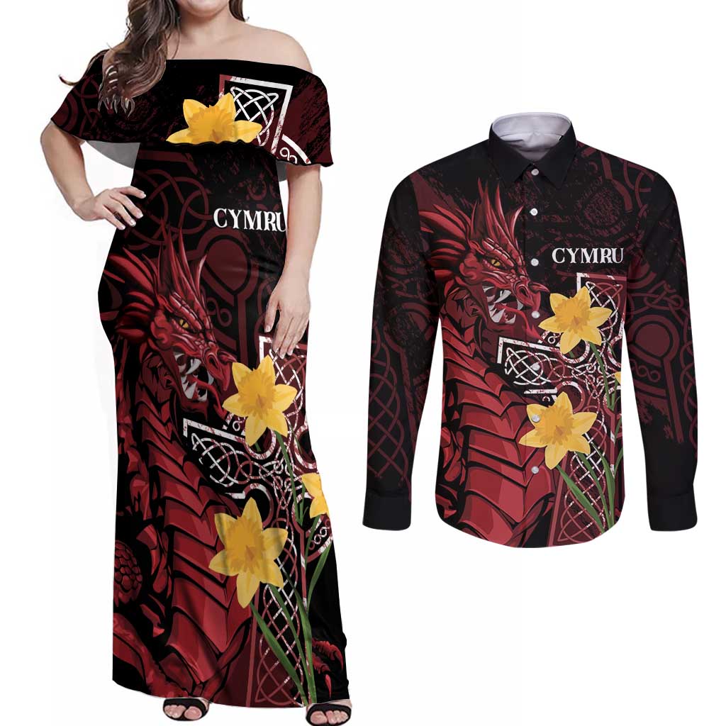 Wales Cymru Am Byth Couples Matching Off Shoulder Maxi Dress and Long Sleeve Button Shirt Welsh Dragon with Celtic Cross - Wonder Print Shop