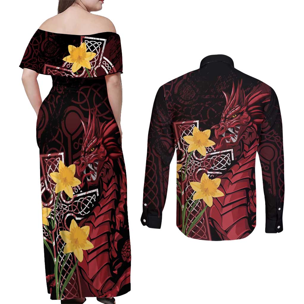 Wales Cymru Am Byth Couples Matching Off Shoulder Maxi Dress and Long Sleeve Button Shirt Welsh Dragon with Celtic Cross - Wonder Print Shop