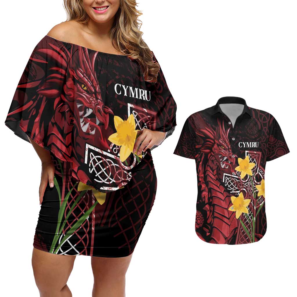 Wales Cymru Am Byth Couples Matching Off Shoulder Short Dress and Hawaiian Shirt Welsh Dragon with Celtic Cross - Wonder Print Shop