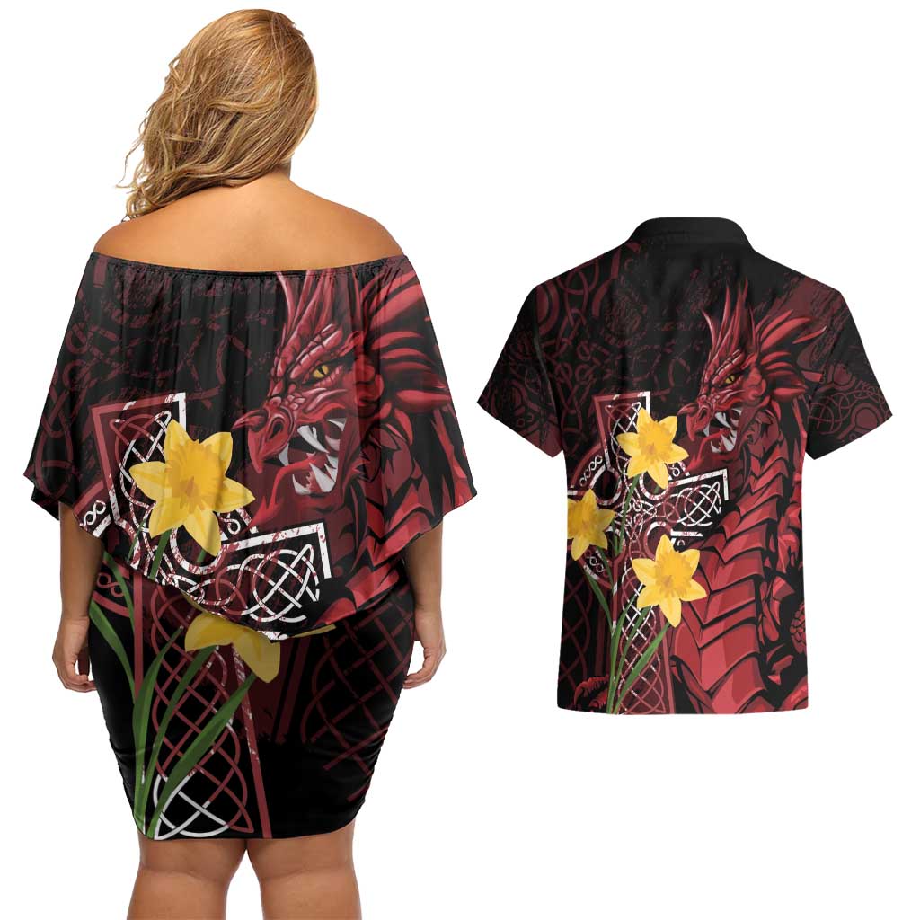 Wales Cymru Am Byth Couples Matching Off Shoulder Short Dress and Hawaiian Shirt Welsh Dragon with Celtic Cross - Wonder Print Shop