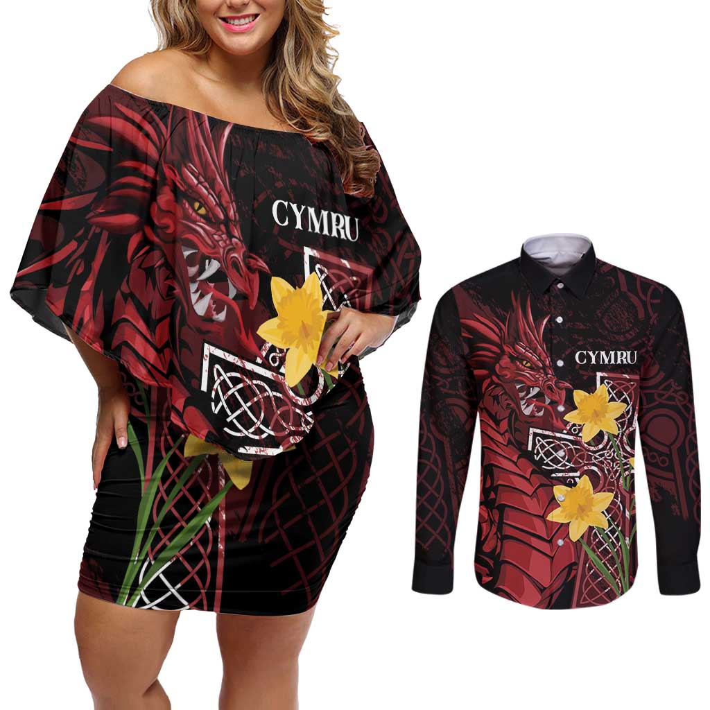 Wales Cymru Am Byth Couples Matching Off Shoulder Short Dress and Long Sleeve Button Shirt Welsh Dragon with Celtic Cross - Wonder Print Shop