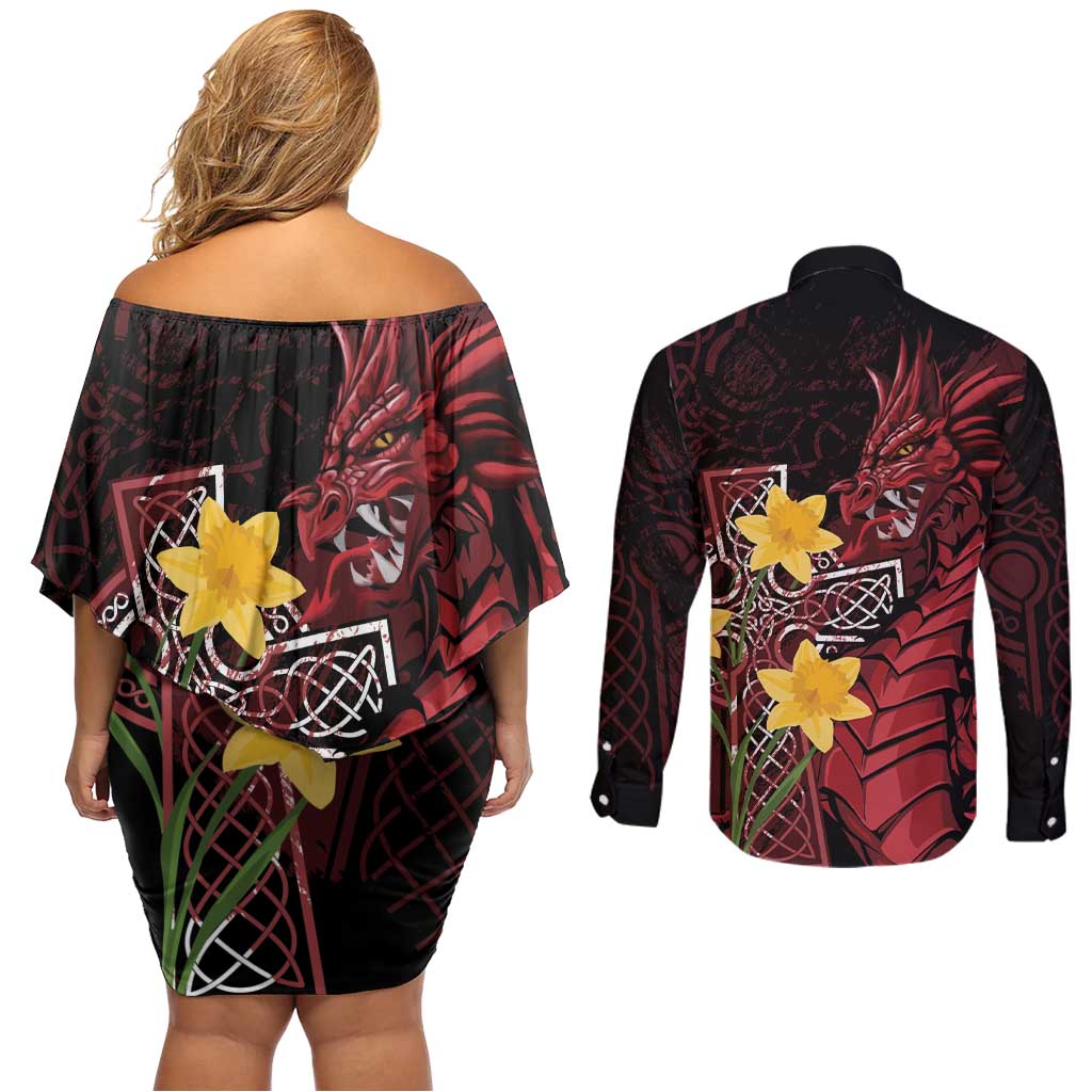 Wales Cymru Am Byth Couples Matching Off Shoulder Short Dress and Long Sleeve Button Shirt Welsh Dragon with Celtic Cross - Wonder Print Shop
