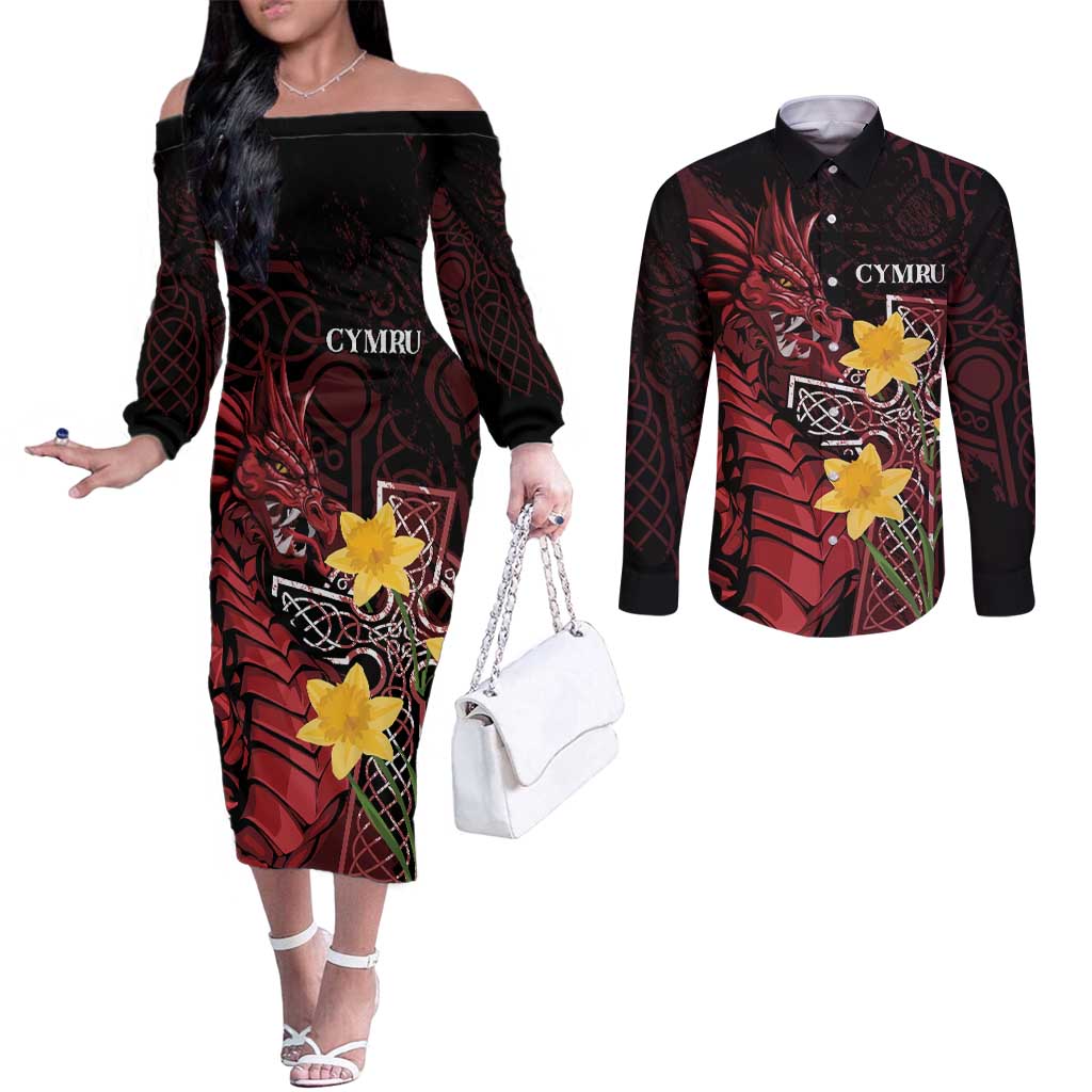 Wales Cymru Am Byth Couples Matching Off The Shoulder Long Sleeve Dress and Long Sleeve Button Shirt Welsh Dragon with Celtic Cross - Wonder Print Shop
