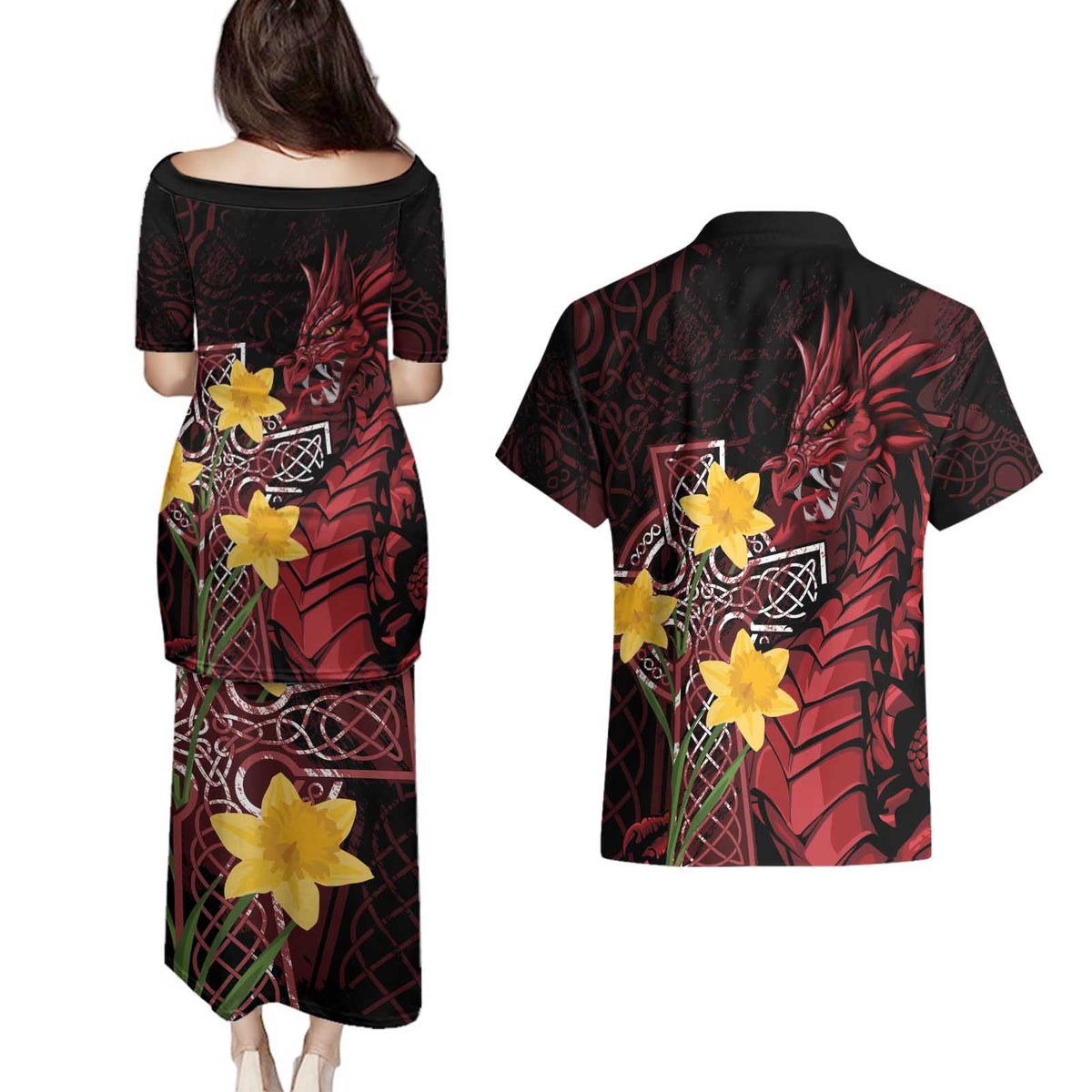 Wales Cymru Am Byth Couples Matching Puletasi and Hawaiian Shirt Welsh Dragon with Celtic Cross - Wonder Print Shop