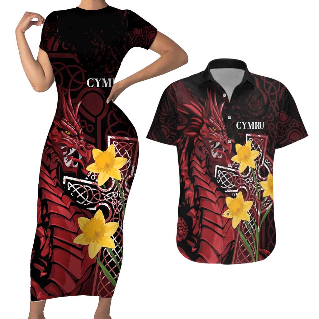 Wales Cymru Am Byth Couples Matching Short Sleeve Bodycon Dress and Hawaiian Shirt Welsh Dragon with Celtic Cross - Wonder Print Shop