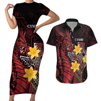 Wales Cymru Am Byth Couples Matching Short Sleeve Bodycon Dress and Hawaiian Shirt Welsh Dragon with Celtic Cross - Wonder Print Shop