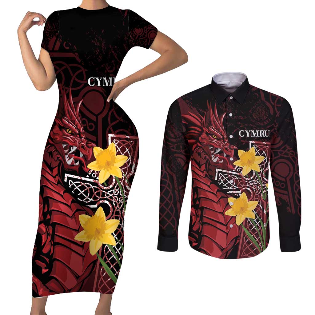 Wales Cymru Am Byth Couples Matching Short Sleeve Bodycon Dress and Long Sleeve Button Shirt Welsh Dragon with Celtic Cross - Wonder Print Shop