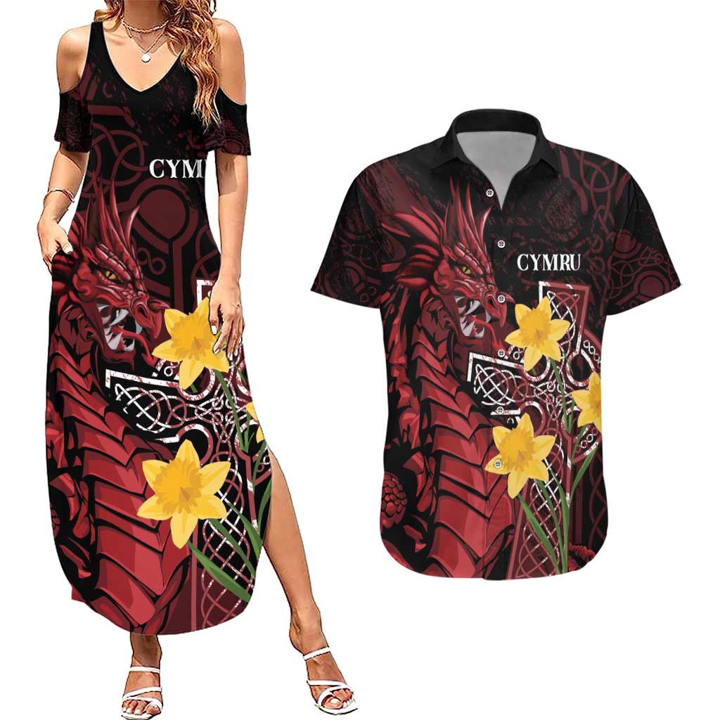 Wales Cymru Am Byth Couples Matching Summer Maxi Dress and Hawaiian Shirt Welsh Dragon with Celtic Cross - Wonder Print Shop