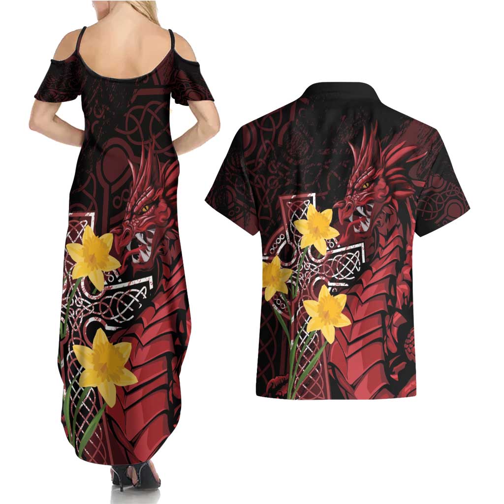 Wales Cymru Am Byth Couples Matching Summer Maxi Dress and Hawaiian Shirt Welsh Dragon with Celtic Cross - Wonder Print Shop