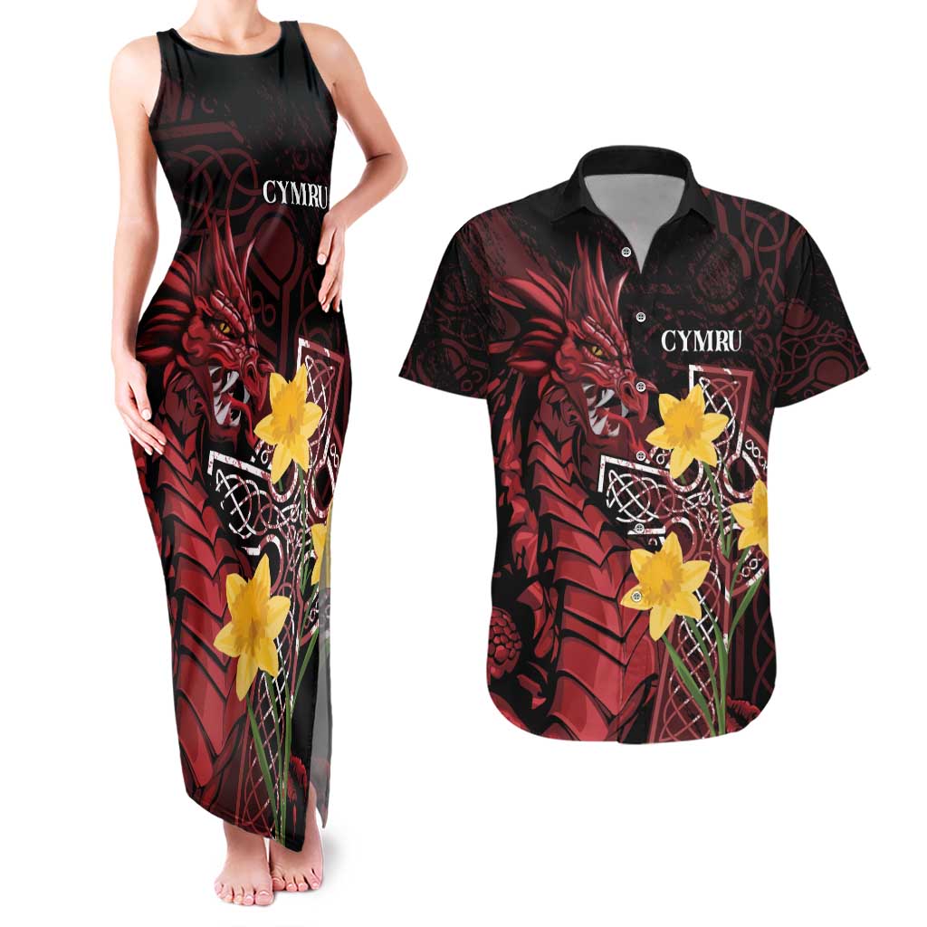 Wales Cymru Am Byth Couples Matching Tank Maxi Dress and Hawaiian Shirt Welsh Dragon with Celtic Cross - Wonder Print Shop