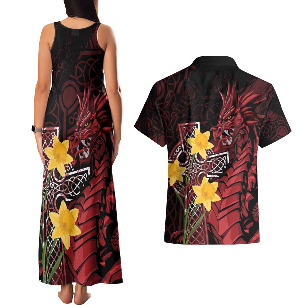 Wales Cymru Am Byth Couples Matching Tank Maxi Dress and Hawaiian Shirt Welsh Dragon with Celtic Cross - Wonder Print Shop