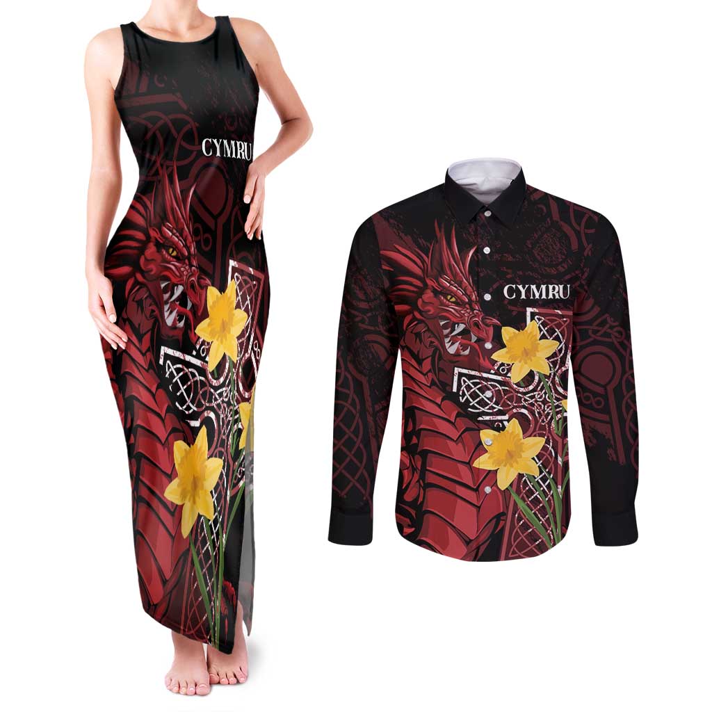 Wales Cymru Am Byth Couples Matching Tank Maxi Dress and Long Sleeve Button Shirt Welsh Dragon with Celtic Cross - Wonder Print Shop