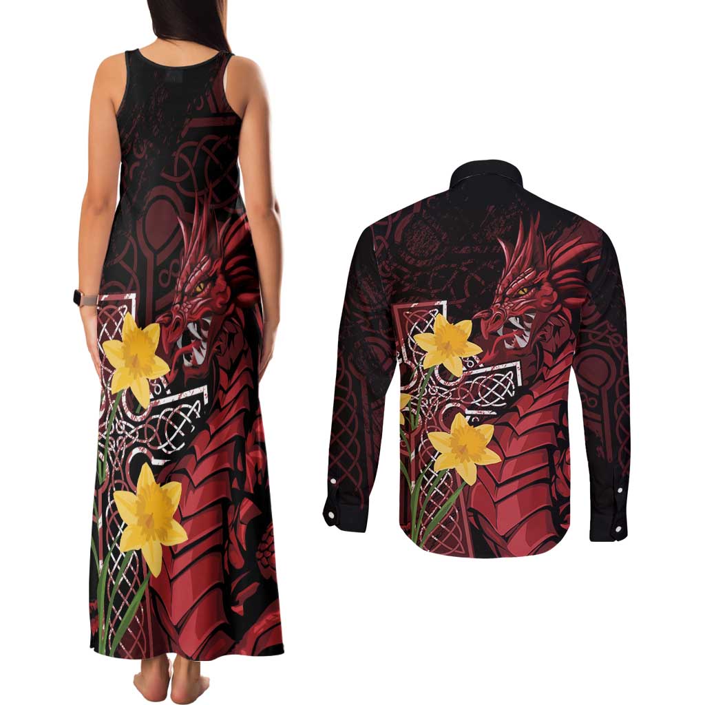 Wales Cymru Am Byth Couples Matching Tank Maxi Dress and Long Sleeve Button Shirt Welsh Dragon with Celtic Cross - Wonder Print Shop
