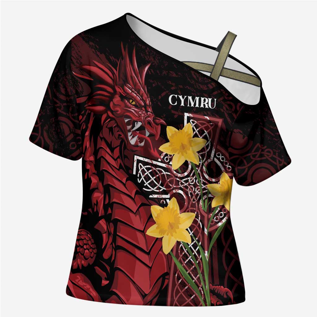 Wales Cymru Am Byth Cross Shoulder Shirt Welsh Dragon with Celtic Cross - Wonder Print Shop