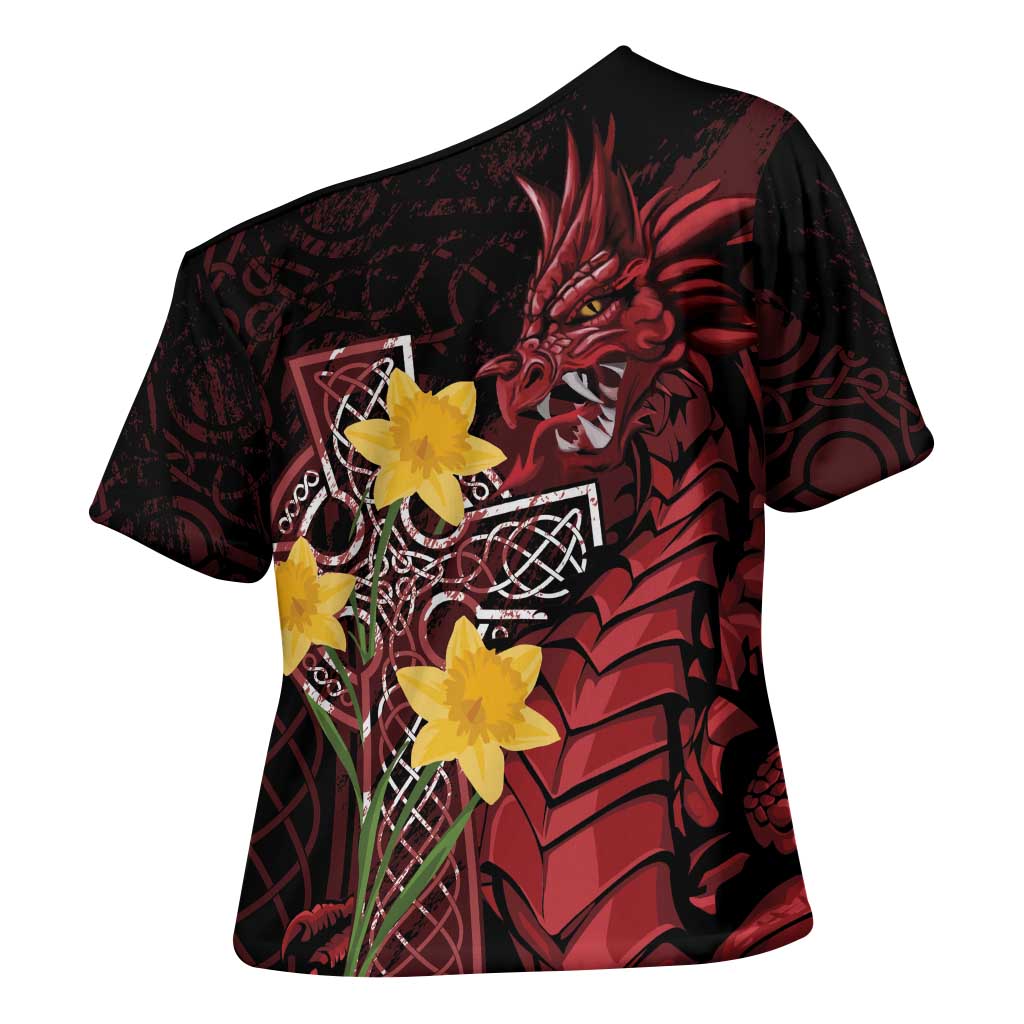 Wales Cymru Am Byth Cross Shoulder Shirt Welsh Dragon with Celtic Cross - Wonder Print Shop
