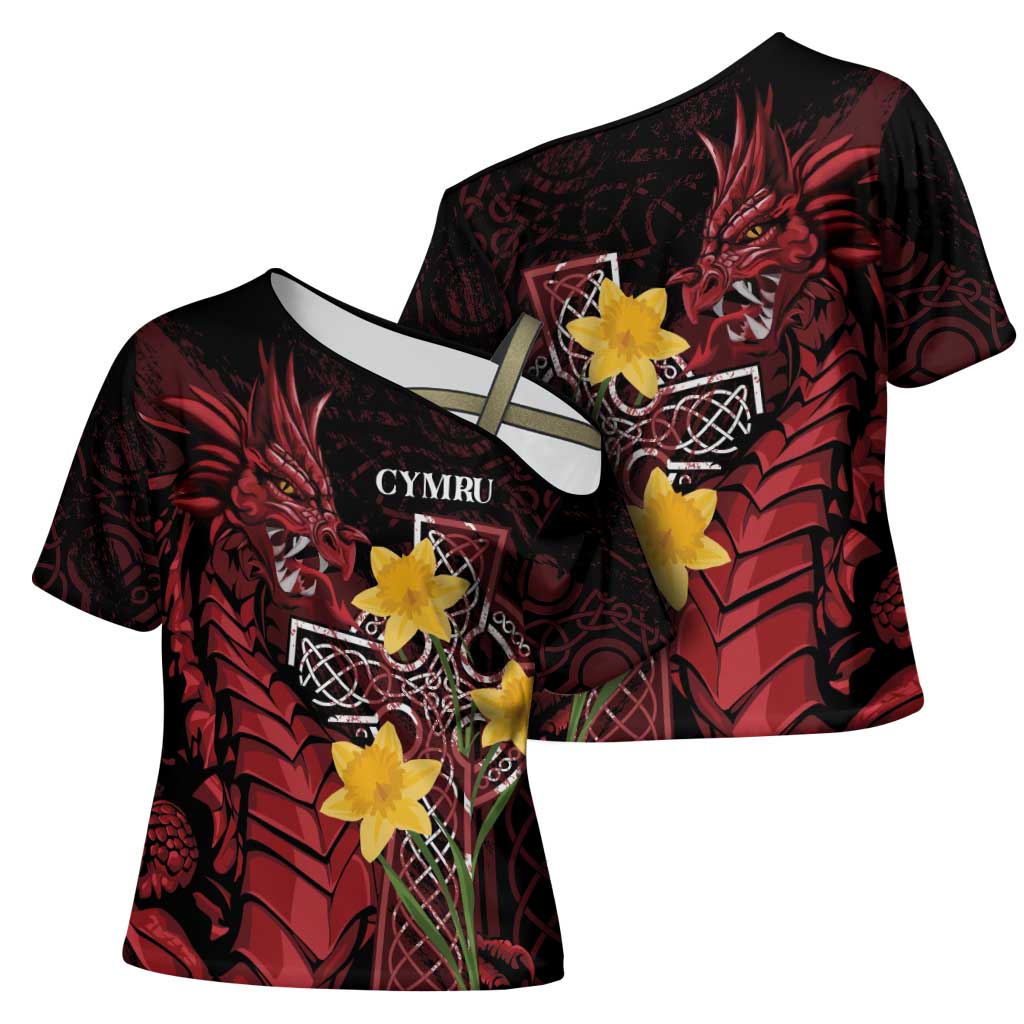 Wales Cymru Am Byth Cross Shoulder Shirt Welsh Dragon with Celtic Cross - Wonder Print Shop