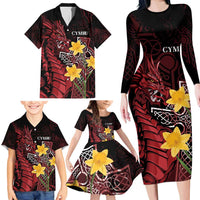 Wales Cymru Am Byth Family Matching Long Sleeve Bodycon Dress and Hawaiian Shirt Welsh Dragon with Celtic Cross - Wonder Print Shop