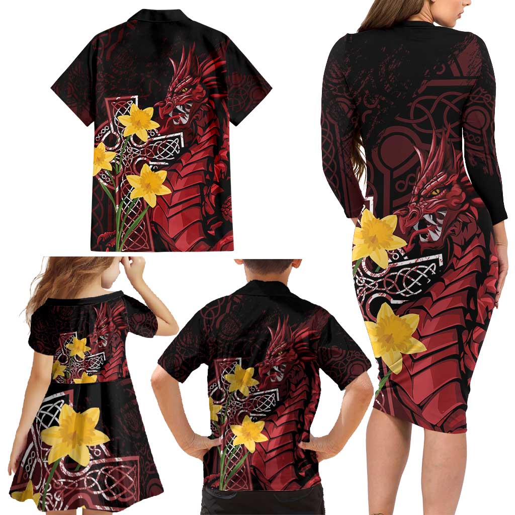 Wales Cymru Am Byth Family Matching Long Sleeve Bodycon Dress and Hawaiian Shirt Welsh Dragon with Celtic Cross - Wonder Print Shop