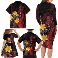 Wales Cymru Am Byth Family Matching Long Sleeve Bodycon Dress and Hawaiian Shirt Welsh Dragon with Celtic Cross - Wonder Print Shop