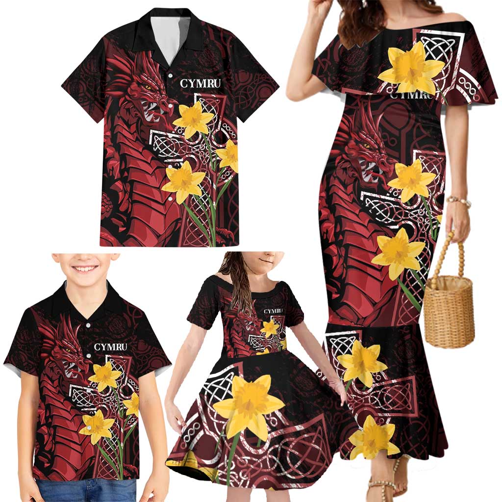 Wales Cymru Am Byth Family Matching Mermaid Dress and Hawaiian Shirt Welsh Dragon with Celtic Cross - Wonder Print Shop