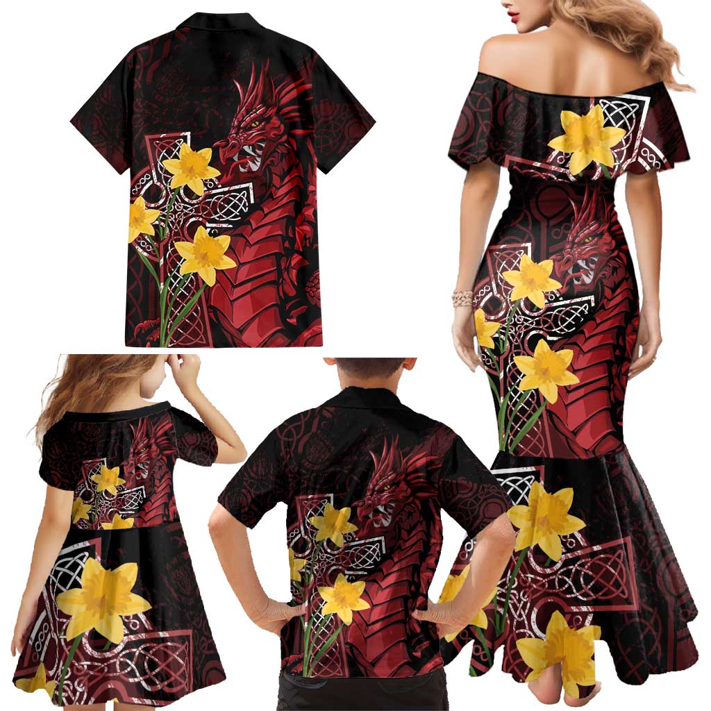 Wales Cymru Am Byth Family Matching Mermaid Dress and Hawaiian Shirt Welsh Dragon with Celtic Cross - Wonder Print Shop