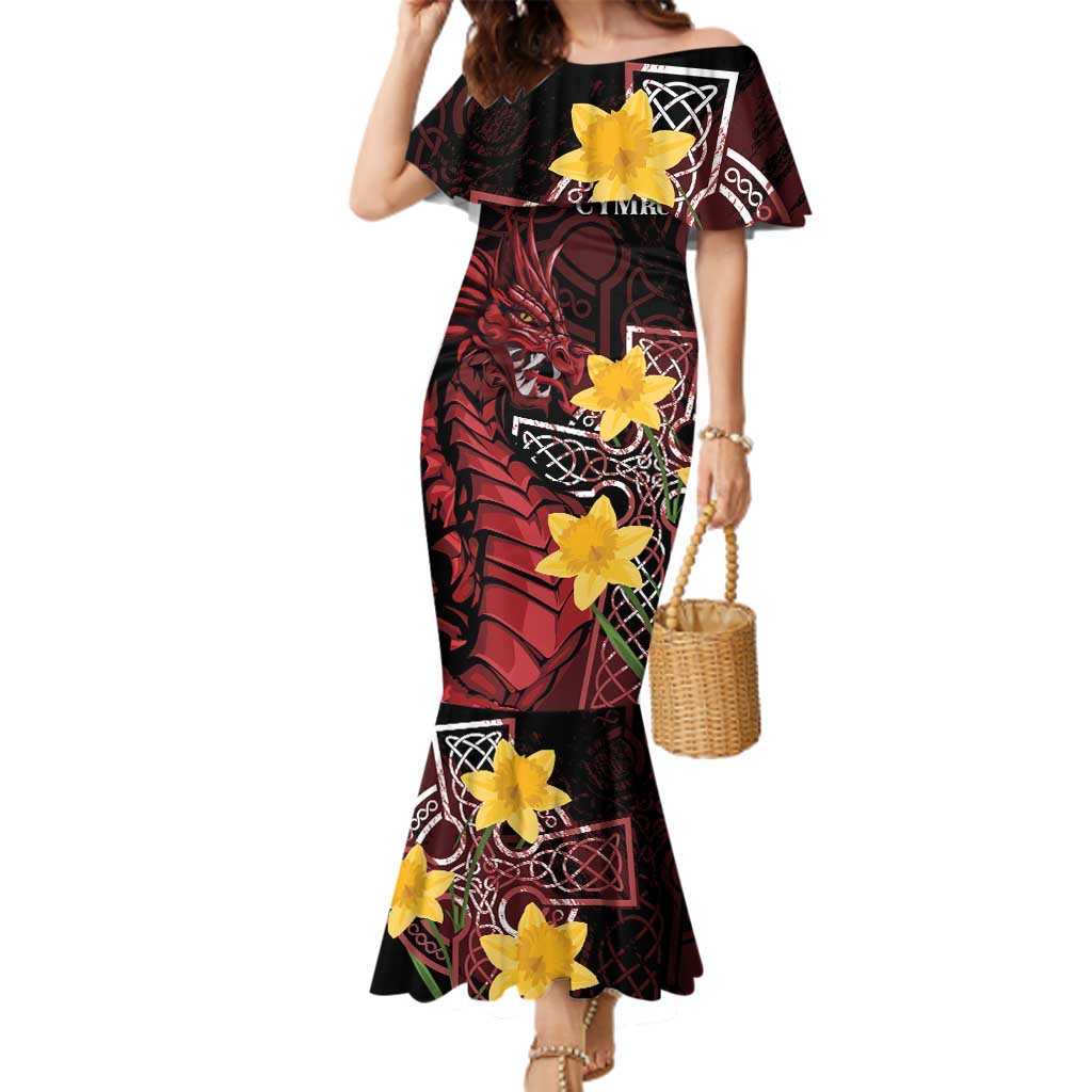 Wales Cymru Am Byth Family Matching Mermaid Dress and Hawaiian Shirt Welsh Dragon with Celtic Cross - Wonder Print Shop