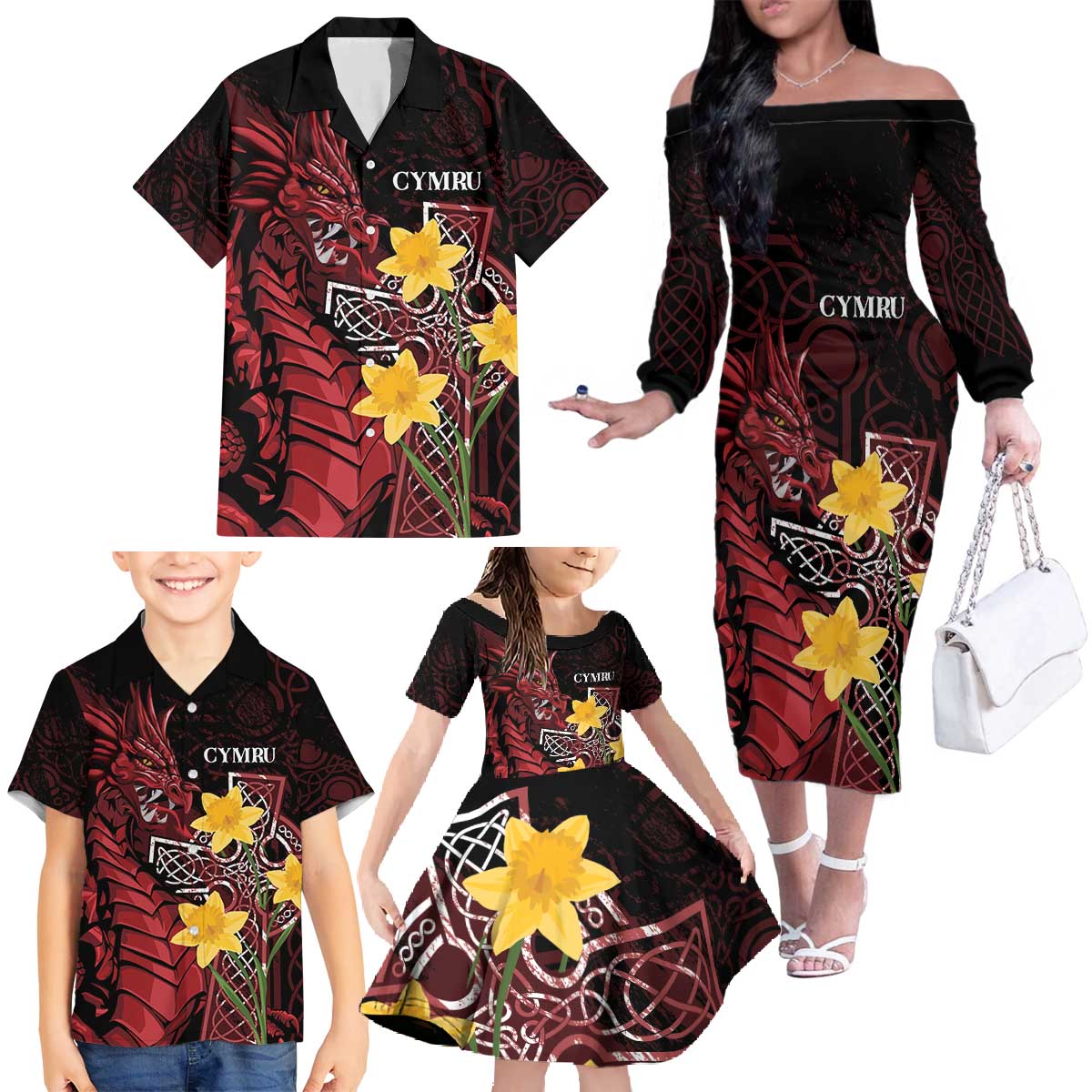 Wales Cymru Am Byth Family Matching Off The Shoulder Long Sleeve Dress and Hawaiian Shirt Welsh Dragon with Celtic Cross - Wonder Print Shop