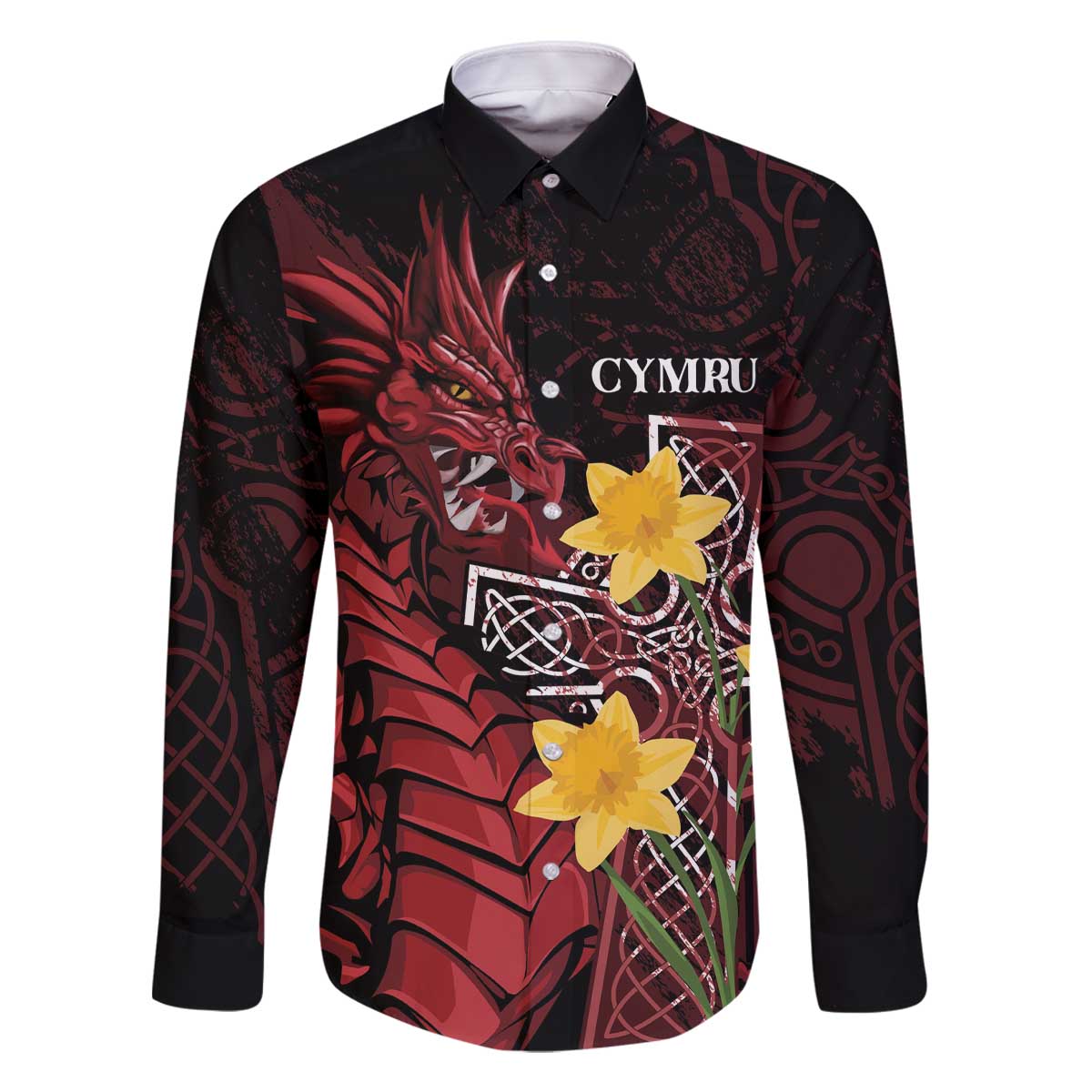 Wales Cymru Am Byth Family Matching Off The Shoulder Long Sleeve Dress and Hawaiian Shirt Welsh Dragon with Celtic Cross - Wonder Print Shop