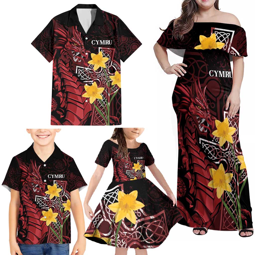 Wales Cymru Am Byth Family Matching Off Shoulder Maxi Dress and Hawaiian Shirt Welsh Dragon with Celtic Cross - Wonder Print Shop