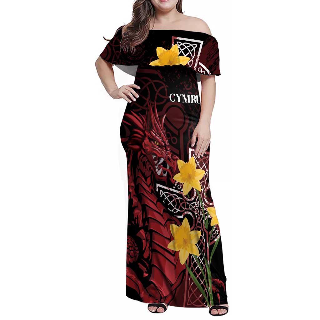 Wales Cymru Am Byth Family Matching Off Shoulder Maxi Dress and Hawaiian Shirt Welsh Dragon with Celtic Cross - Wonder Print Shop