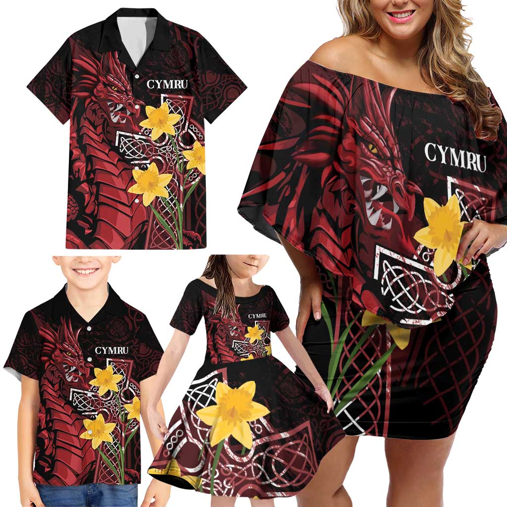 Wales Cymru Am Byth Family Matching Off Shoulder Short Dress and Hawaiian Shirt Welsh Dragon with Celtic Cross - Wonder Print Shop