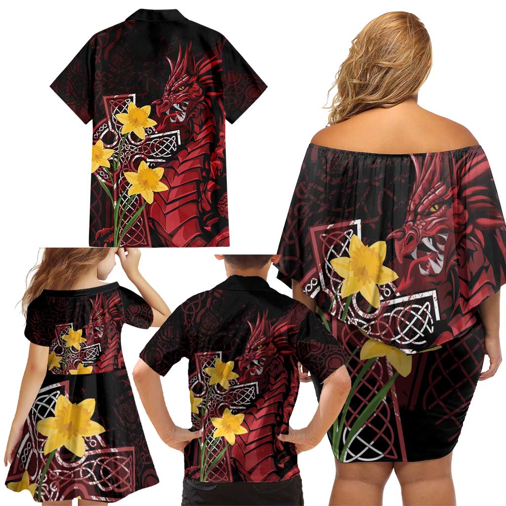 Wales Cymru Am Byth Family Matching Off Shoulder Short Dress and Hawaiian Shirt Welsh Dragon with Celtic Cross - Wonder Print Shop