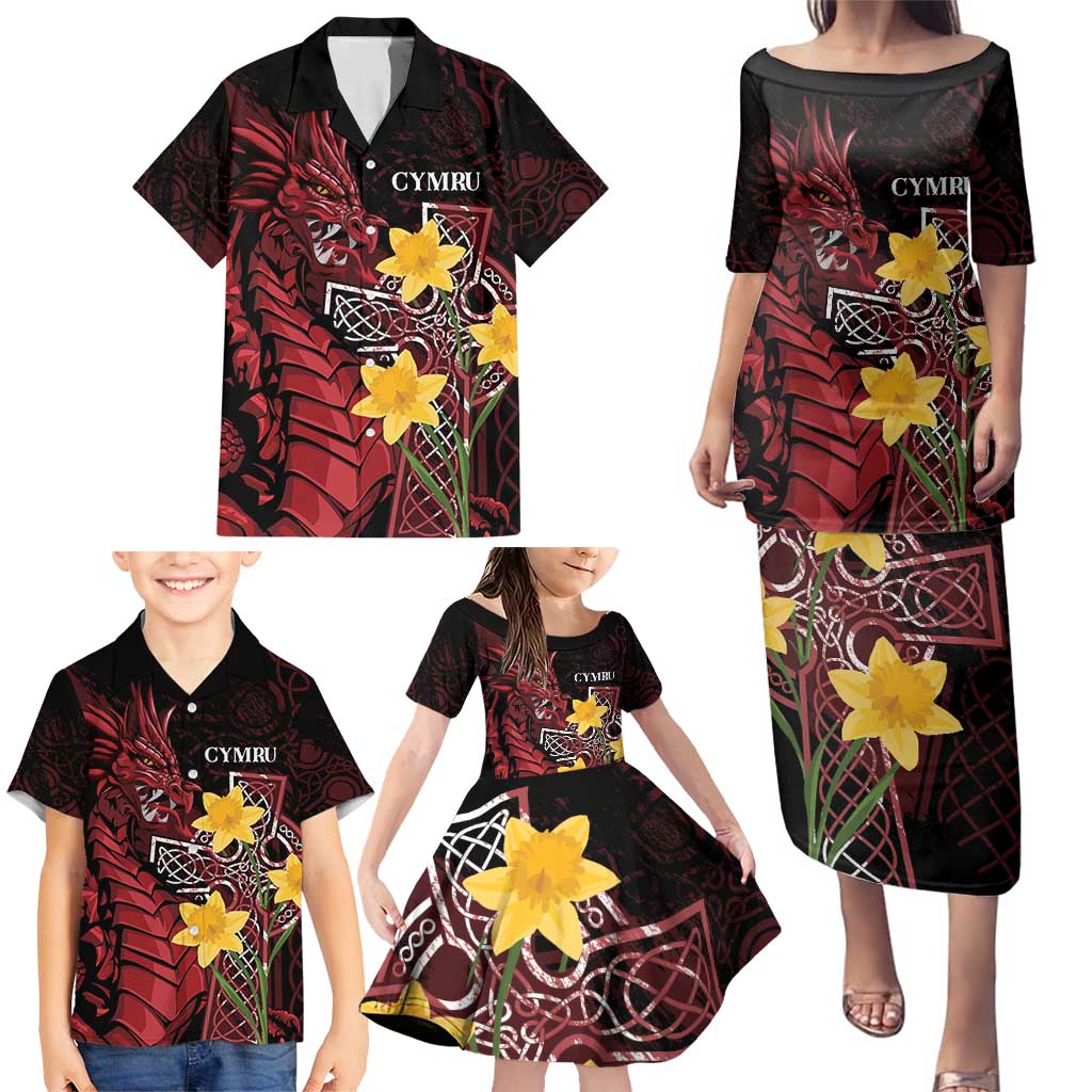 Wales Cymru Am Byth Family Matching Puletasi and Hawaiian Shirt Welsh Dragon with Celtic Cross - Wonder Print Shop