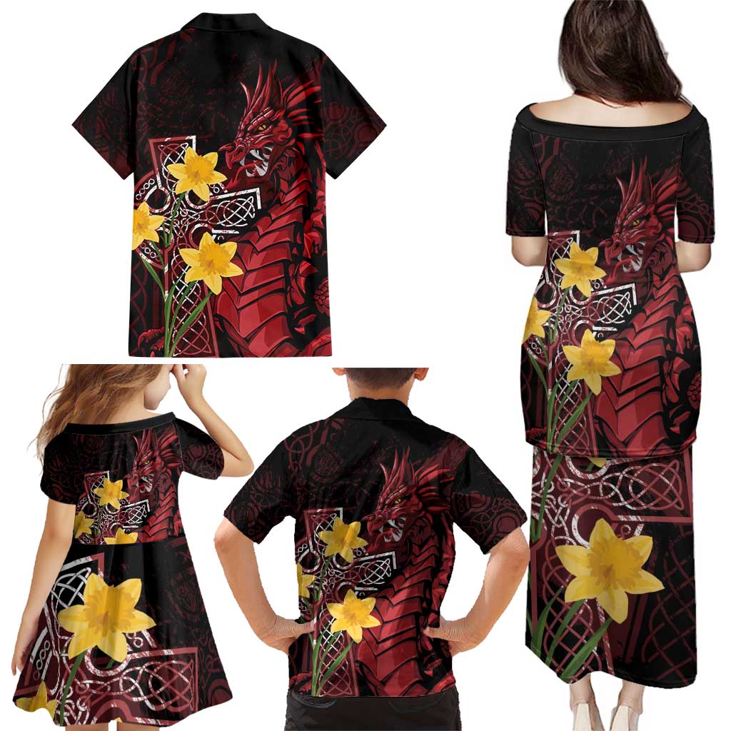 Wales Cymru Am Byth Family Matching Puletasi and Hawaiian Shirt Welsh Dragon with Celtic Cross - Wonder Print Shop