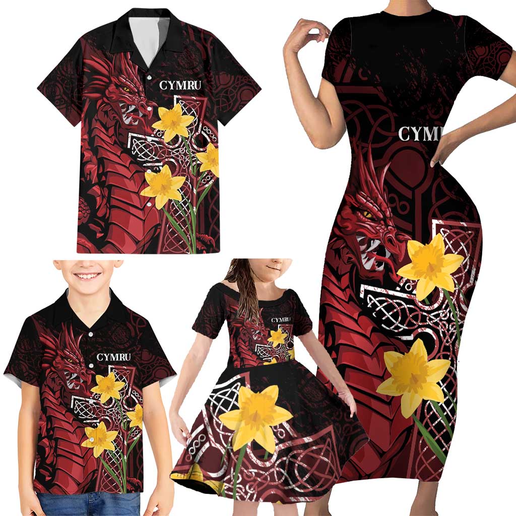 Wales Cymru Am Byth Family Matching Short Sleeve Bodycon Dress and Hawaiian Shirt Welsh Dragon with Celtic Cross - Wonder Print Shop