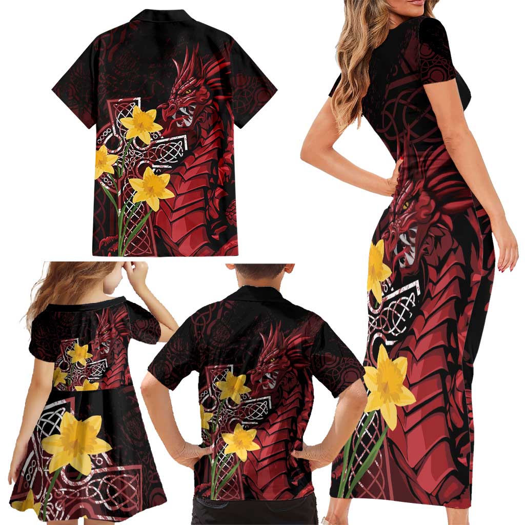Wales Cymru Am Byth Family Matching Short Sleeve Bodycon Dress and Hawaiian Shirt Welsh Dragon with Celtic Cross - Wonder Print Shop