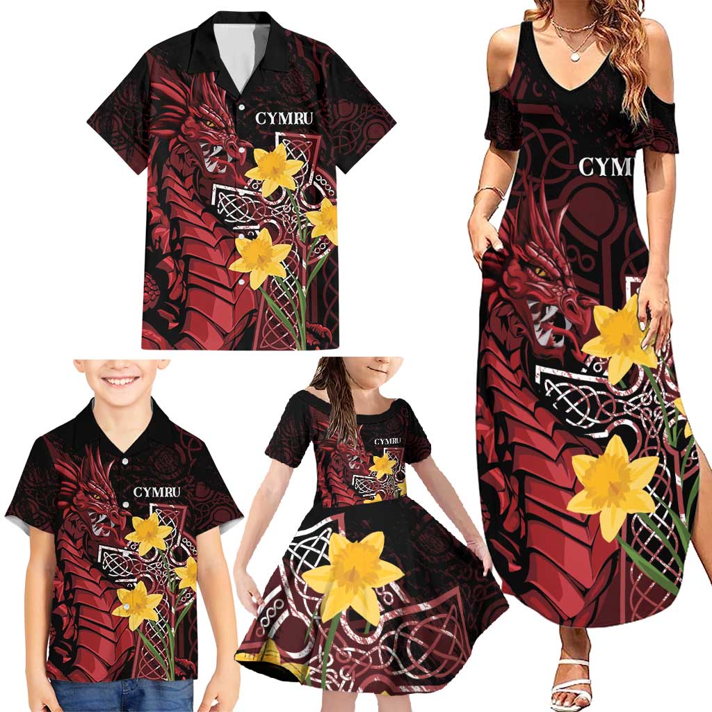 Wales Cymru Am Byth Family Matching Summer Maxi Dress and Hawaiian Shirt Welsh Dragon with Celtic Cross - Wonder Print Shop