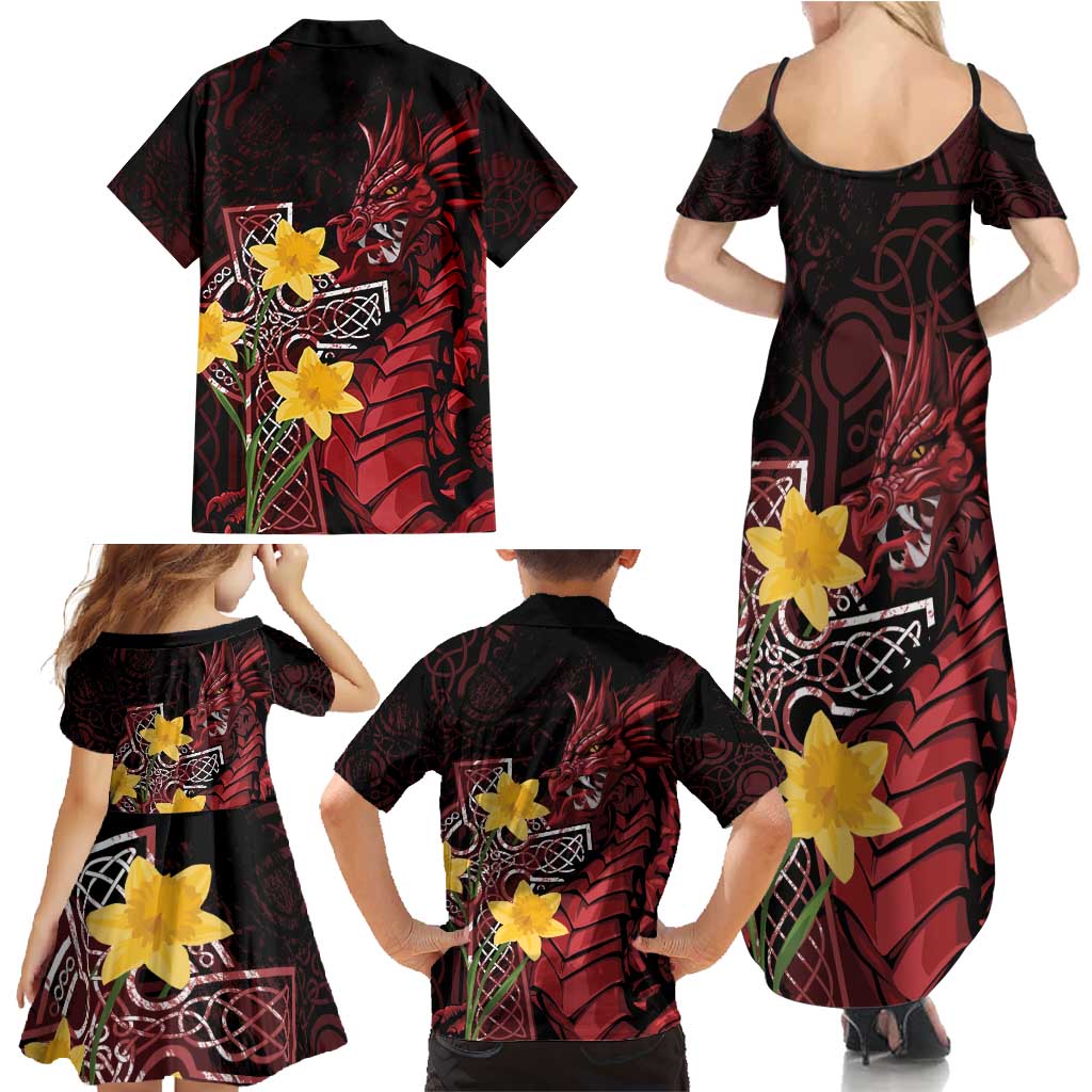Wales Cymru Am Byth Family Matching Summer Maxi Dress and Hawaiian Shirt Welsh Dragon with Celtic Cross - Wonder Print Shop