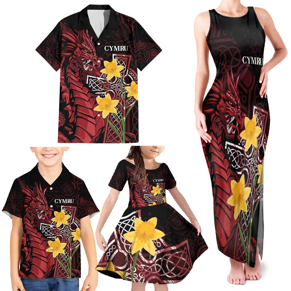 Wales Cymru Am Byth Family Matching Tank Maxi Dress and Hawaiian Shirt Welsh Dragon with Celtic Cross - Wonder Print Shop