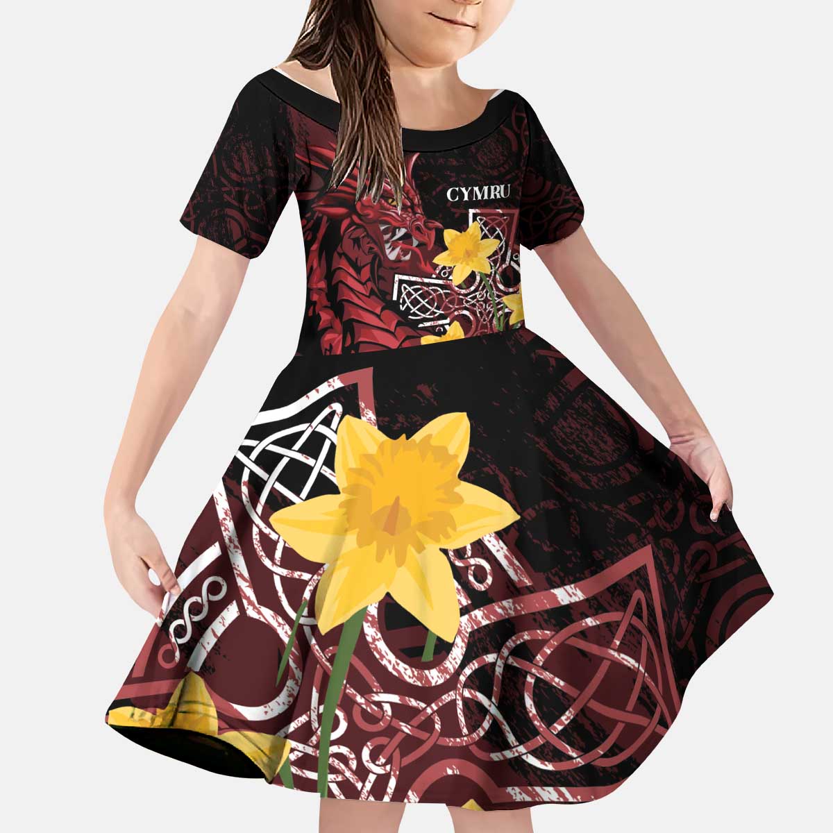 Wales Cymru Am Byth Kid Short Sleeve Dress Welsh Dragon with Celtic Cross - Wonder Print Shop