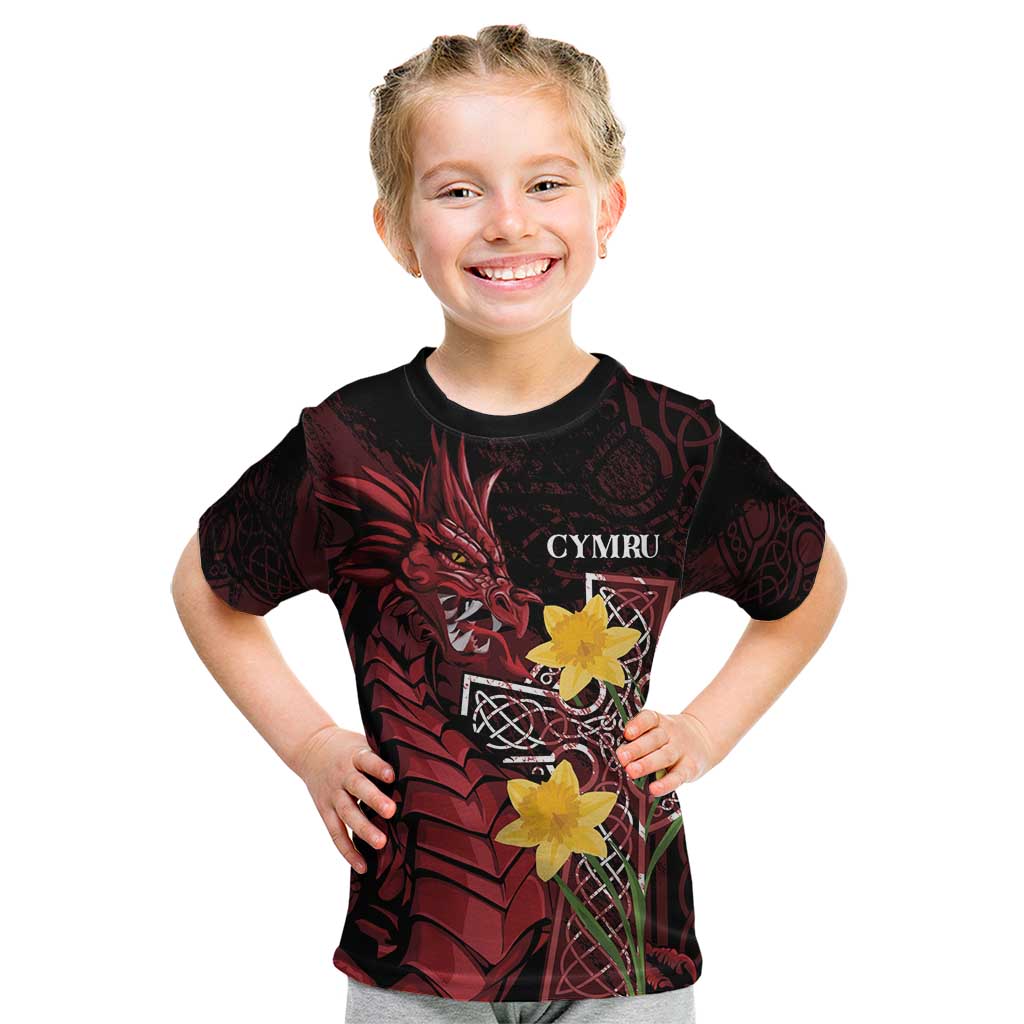 Wales Cymru Am Byth Kid T Shirt Welsh Dragon with Celtic Cross - Wonder Print Shop