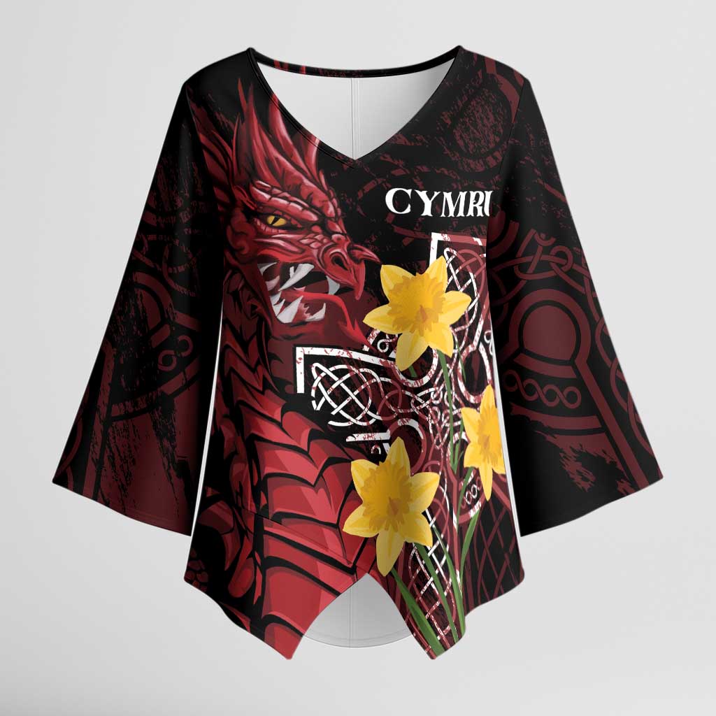 Wales Cymru Am Byth Kimono Sleeve Blouse Welsh Dragon with Celtic Cross - Wonder Print Shop