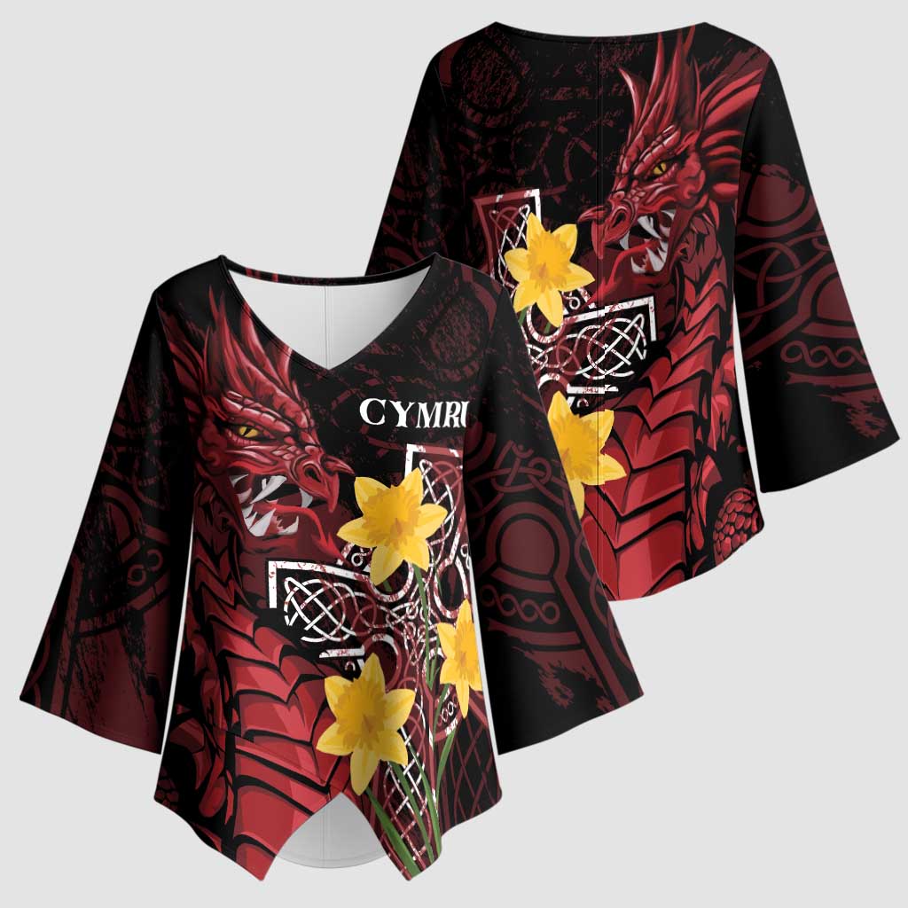 Wales Cymru Am Byth Kimono Sleeve Blouse Welsh Dragon with Celtic Cross - Wonder Print Shop