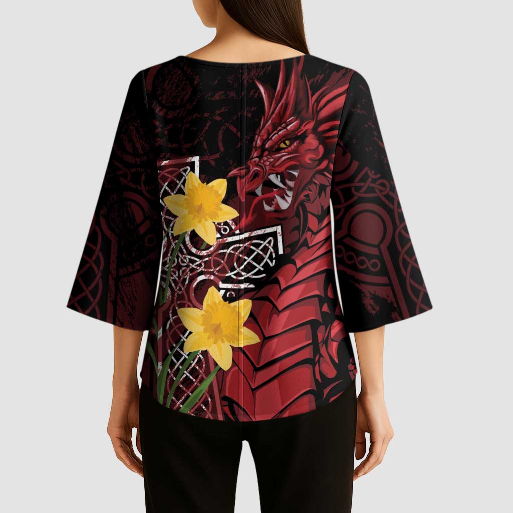 Wales Cymru Am Byth Kimono Sleeve Blouse Welsh Dragon with Celtic Cross - Wonder Print Shop