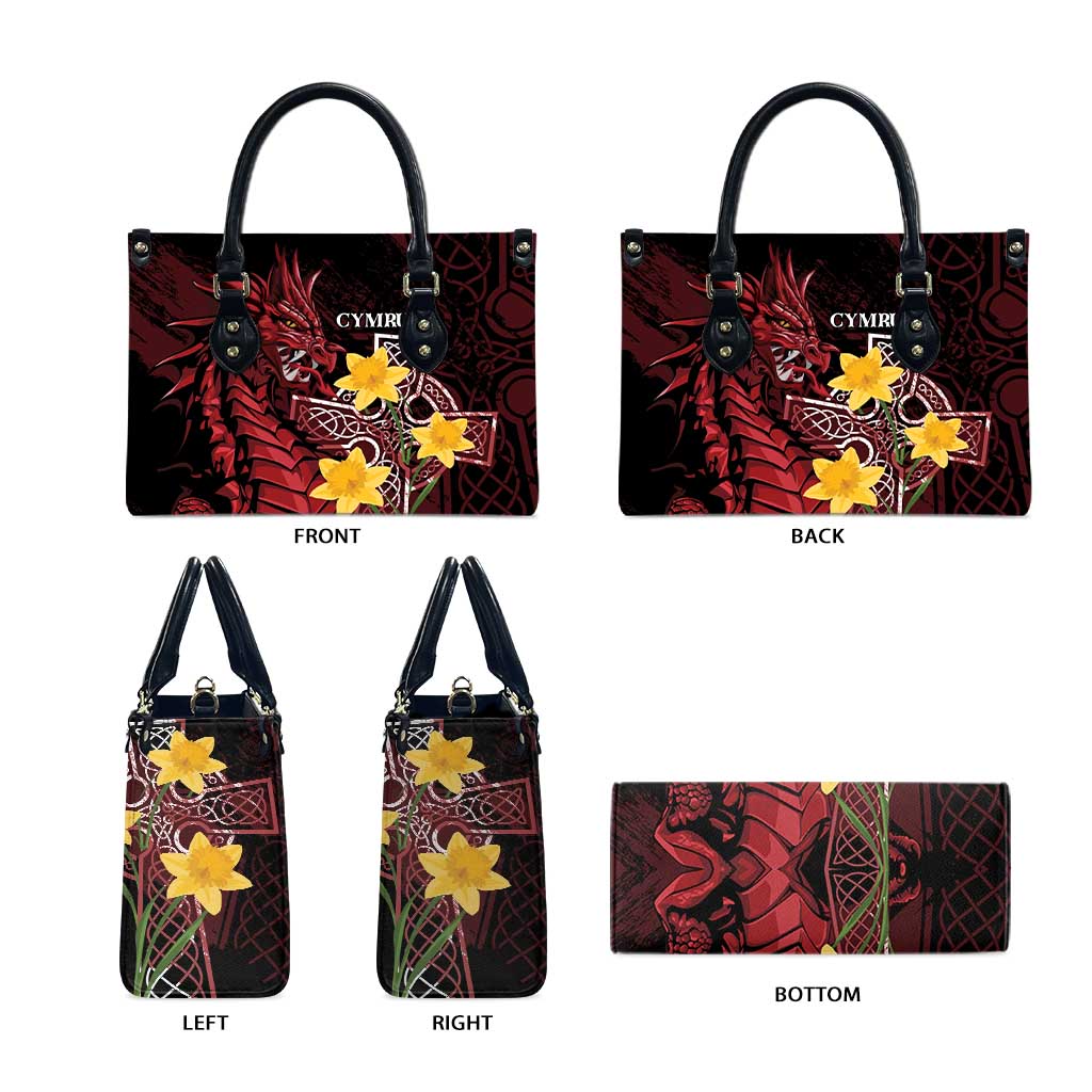 Wales Cymru Am Byth Leather Bag Welsh Dragon with Celtic Cross - Wonder Print Shop