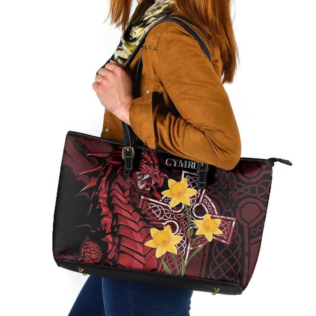 Wales Cymru Am Byth Leather Tote Bag Welsh Dragon with Celtic Cross - Wonder Print Shop