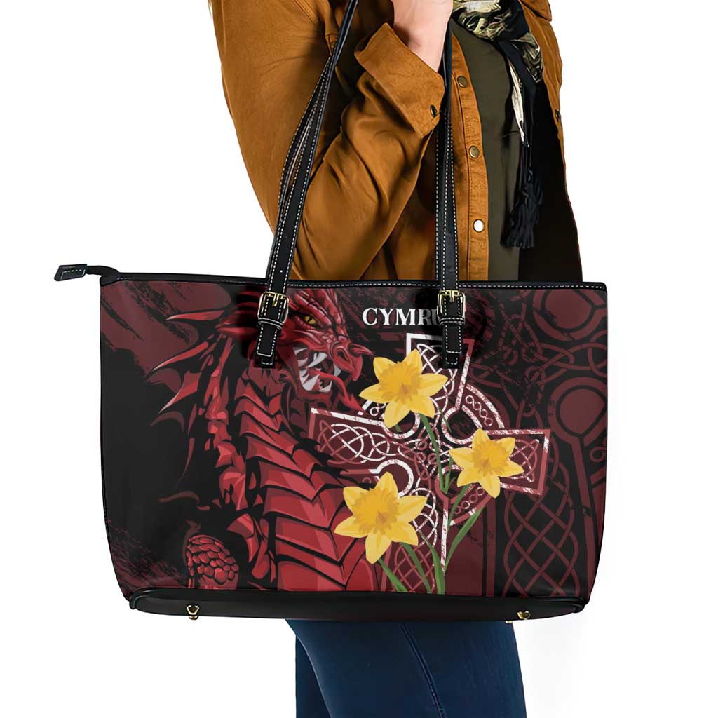Wales Cymru Am Byth Leather Tote Bag Welsh Dragon with Celtic Cross - Wonder Print Shop