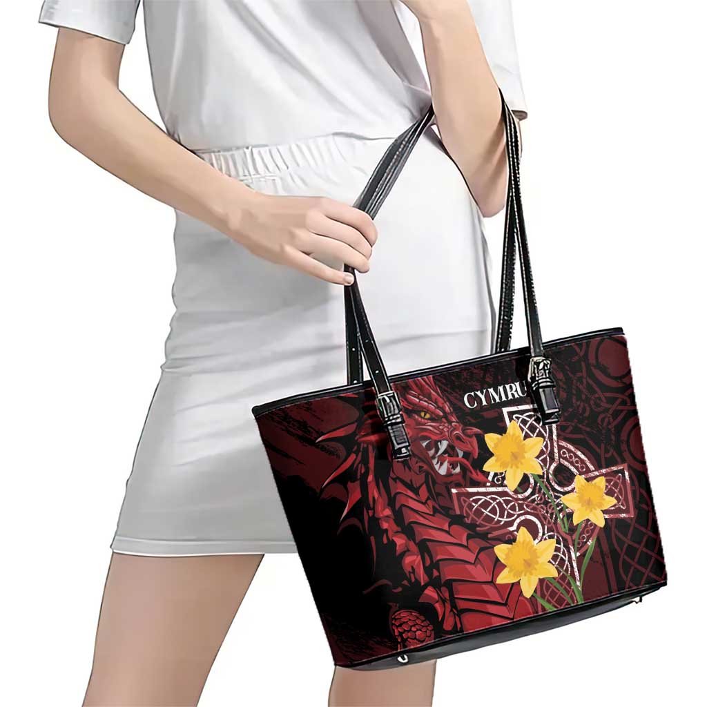 Wales Cymru Am Byth Leather Tote Bag Welsh Dragon with Celtic Cross - Wonder Print Shop