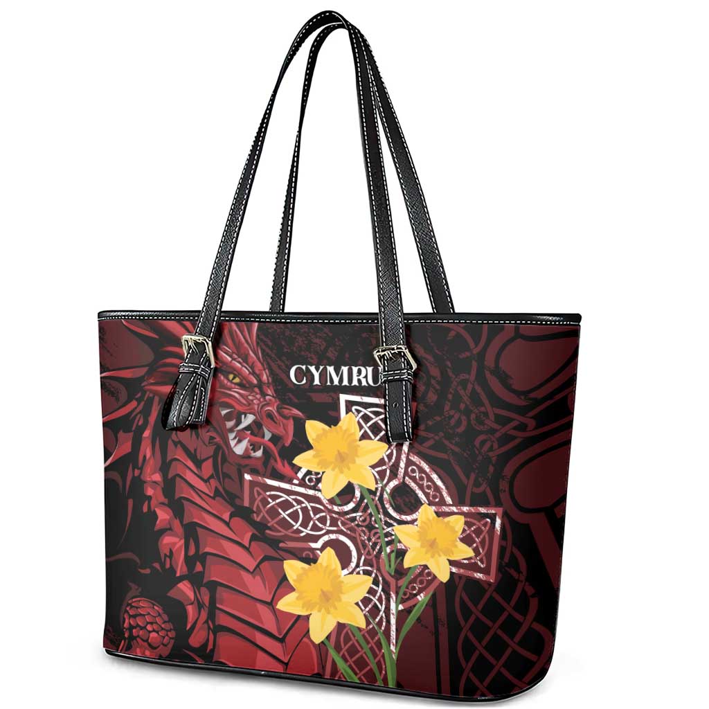 Wales Cymru Am Byth Leather Tote Bag Welsh Dragon with Celtic Cross - Wonder Print Shop