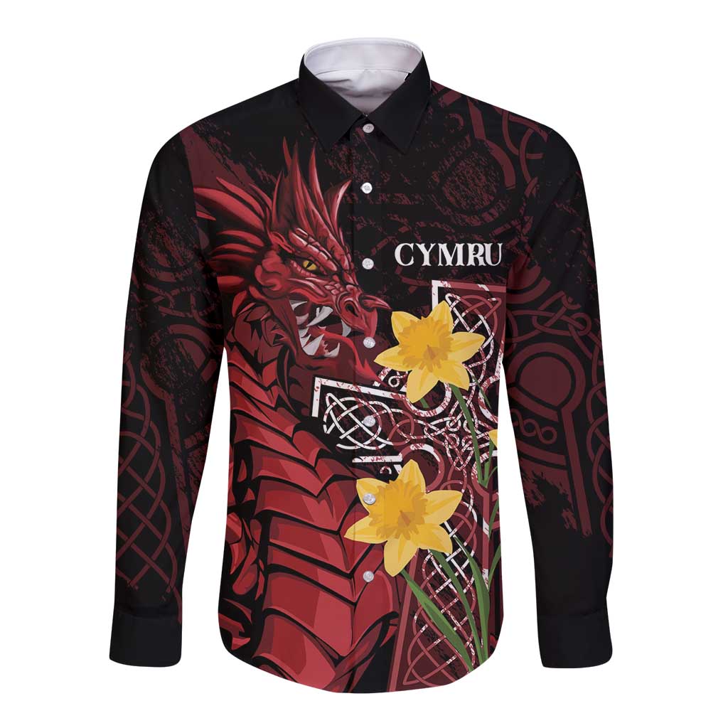 Wales Cymru Am Byth Long Sleeve Button Shirt Welsh Dragon with Celtic Cross - Wonder Print Shop